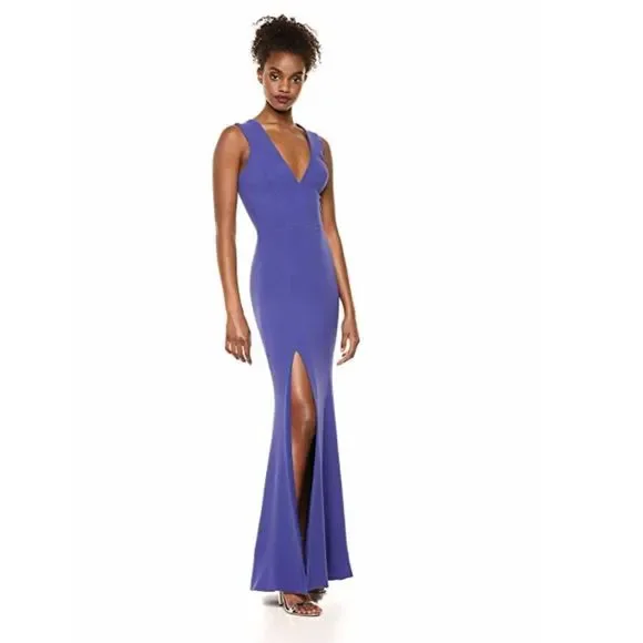 Women's Dress The Population Sandra Plunge Crepe Trumpet Gown, Size Large - Blue